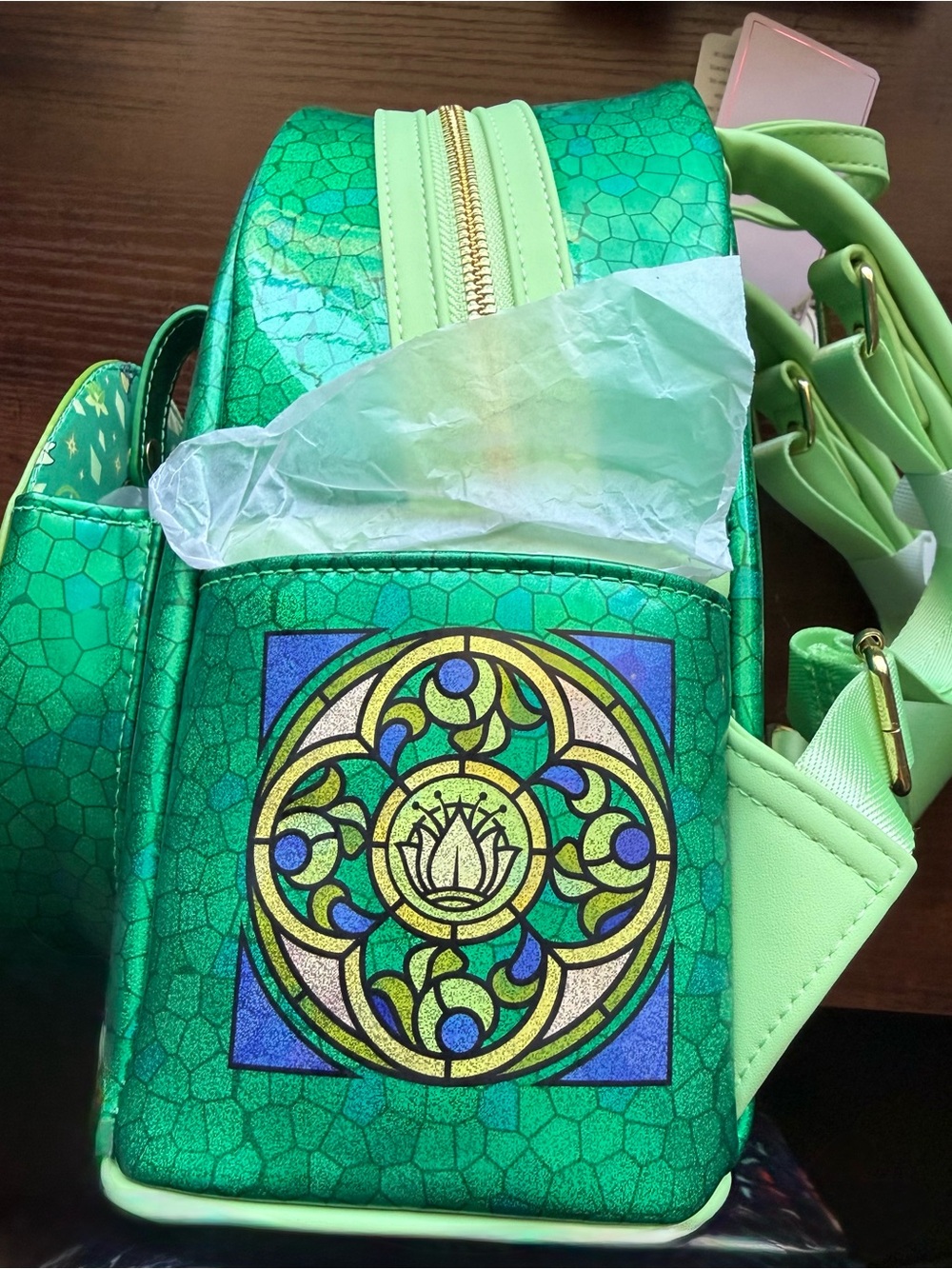 Loungefly Green Tiana Stained Glass Mini Backpack with Bow Ear Accessory *NWT - Picture 14 of 16